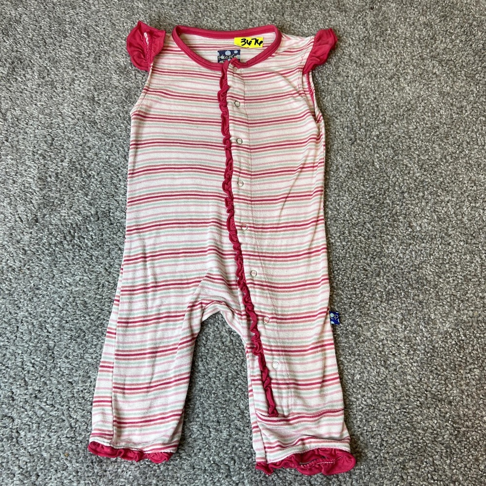 KicKee‎ Pants Romper 3-6 Months Pink White Striped Bamboo Snap Up Infant Outfit